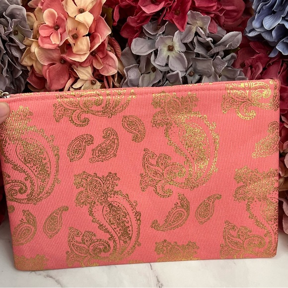 Coral Pink & Metallic Gold Pineapple Makeup Cosmetic Wristlet Clutch Bag - Picture 4 of 10